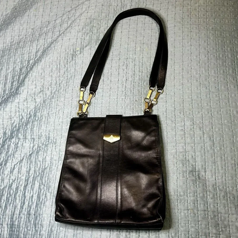 Mark Cross Black Leather Messenger Bag, Gold Tone Hardware, Classic, Preppy